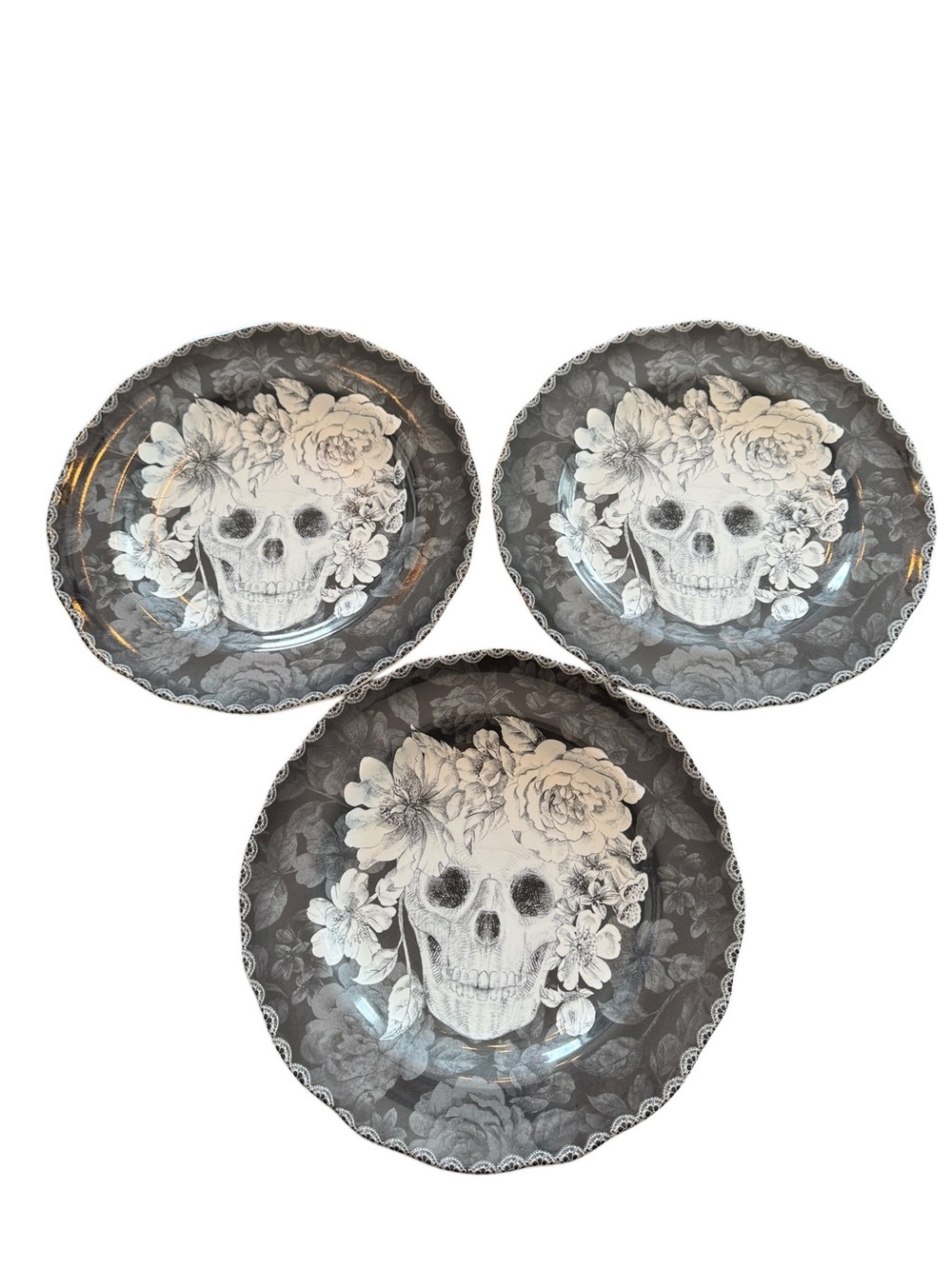 222 Fifth Marbella Skull Dinner Plates Set of 3 Gothic Floral Halloween 10.5”